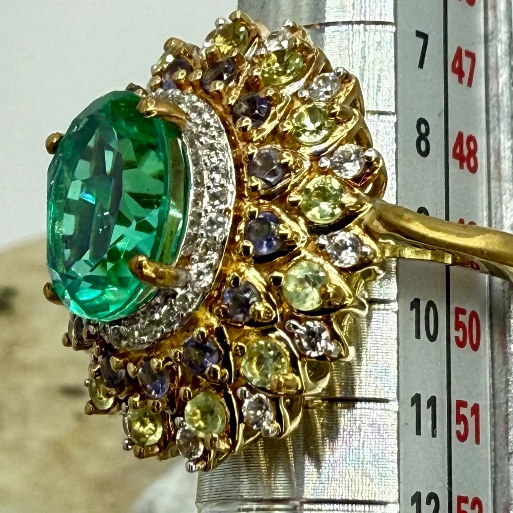 NWT Peacock Quartz Multi-Gem Dahlia Floral Ring Vermeil Gold over 925 4.15ctw